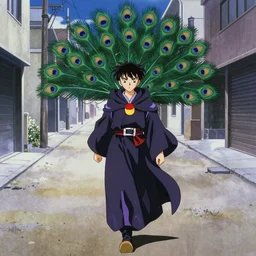 an anime from the 8 0 s about a magical kistune with 9 peacock tails wearing wizard robes and wandering an empty street alone, anime, 8 0 s, vhs, vhs effects, art by yuji ikehata