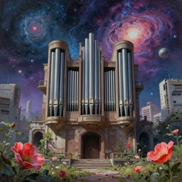 a beautiful detailed painting of pipe organ abandoned nature urbex city by kazuyo sejima, gem nature water galactic universe cyberpunk poppy azeroth cosmic alien, archdaily, wallpaper, highly detailed, rutkowski, trending on artstation.