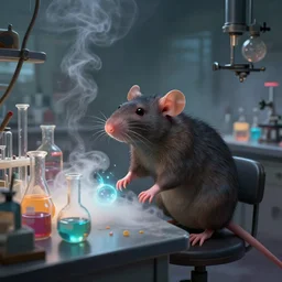 humanoid rat in a laboratory sitting at a desk with lots of flasks filled with magic liquids and poisonous fog, stephen bliss, unreal engine, fantasy art by greg rutkowski, loish, rhads, ferdinand knab, ilya kuvshinov, rossdraws, tom bagshaw, global illumination, radiant soft light, detailed and intricate environment