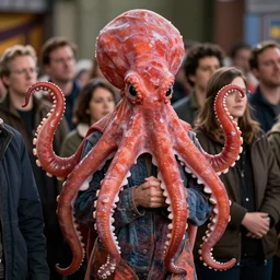 tv show audience one man wearing octopus costume kodachrome washed out color highly detailed