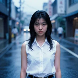 A middle-shot from front, blue color photograph portrait of a young Japanese woman in sleeveless white shirt is standing in the heavy rainy street, cool twilight, 1990 photo from Japanese photograph Magazine.