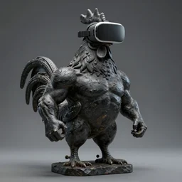 a portrait of monumental muscular rooster antique statue in vr helmet, black rock statue material, studio light, hasselblad photo, 8 k resolution, octane render, character design, digital art, logo design