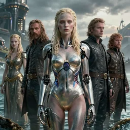 detailed ultrarealistic photography front medium shot of starwars, fantasy, waterworld, postapocalyptic, cyberpunk cyborg swimsuit, sadie sink, pale, leyendecker, norman rockwell, greg rutkowski, artstation cinematic, vray game of thrones, lord of the rings