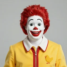 close up portrait of ronald mcdonald, yellow jumper with white collar, chicken mcnuggets throne room by artgerm, cushart krenz, greg rutkowski, mucha. art nouveau. gloomhaven, golden arches logo, pale colors, sharp edges. ultra clear detailed. 8 k. elegant, intricate, octane render