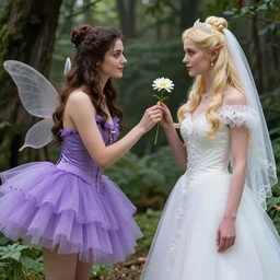 brunette fairy woman wearing a purple romantic tutu gives a flower to a blonde demon woman wearing a white wedding dress, fantasy art, sharp focus, elegant, forest background, by larry elmore