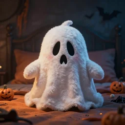 photograph of a spooky ghost plushy on a bed, fluffy plush, halloween themed, vibrant color photo, style of junji ito