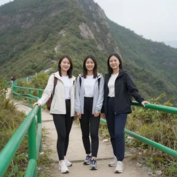 ultra realistic photo 8 k three asian girls in their twenties standing in front of a mountain on a trail with a green hand rail