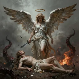 a fallen angel with a broken halo wielding a jagged broken blade standing in hell in the style of anti - art detailed realistic hd 8 k high resolution