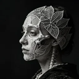 a woman's face in profile, made of intricate lace leaf skeleton, in the style of the dutch masters and gregory crewdson, dark and moody