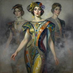 portrait of women like reol in ornate costume, colorful, modern art deco, mads berg, karolis strautniekas, christopher balaskas, stippled light, fog, moody, fine texture, editorial illustration, dramatic lighting, dynamic composition, detailed, matte print, dynamic perspective, muted color