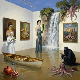 painting of a flooded spanish art gallery in marbella beach - side, death, a tall emo girl, holding a courgette, tapas, paintings on walls, surgical equipment and nurse, canoe, pomegranates, floodwaters, squid ink, the grim reaper, waterfall from the wall, octopus, sensual, puddles, zen, surrealist, by magritte and kahlo and monet