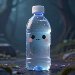 cute lil clear plastic bottle character, anthropomorphic water bottle, close - up portrait, 3 d pixar style, trending on arstation octane rendered in 8 k unreal engine 5, cinematic and dramatic, gloomy, mystic and magical, fantastic and whimsical