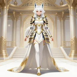 commissioned full body portrait of a female anthro wolf princess fursona with white hair wearing a white and gold Japanese armored dress in a white and gold palace on a starry night with a large crescent moon, by a professional manga illustrator, Stanley Artgerm Lau, WLOP, Rossdraws, James Jean, Andrei Riabovitchev, Marc Simonetti, and Sakimichan, trending on artstation