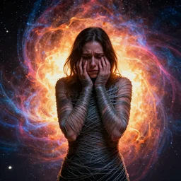 an anxious woman wrapped in wire, surrounded by an exploding nebulas, by mike davis