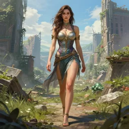Alexandra Daddario walking in a post apocalyptic landscape, overgrown city, fantasy, high detail, elegant, digital painting, cinematic lighting, vibrant, intricate, textured skin, highly detailed, artstation, sharp, focus, HDR, unreal engine 5, breathtaking, illustration, Anna Dittmann, Ilya Kuvshinov, Nikolay Makovsky
