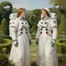 gabrielle d'estrees and one of her sisters as android women astronauts with personal spaceships, in a medieval topiary garden, with oil painting by jan van eyck, northern renaissance art, oil on canvas, wet - on - wet technique, realistic, expressive emotions, intricate textures, illusionistic detail