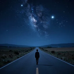 a boy walking on road going to other dimensions at the night, stars glowing in sky and on road