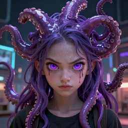 furious young teen with purple eyes and tentacles on her head , very detailed, in glass town, portrait, high contrast, vibrant and tender,
