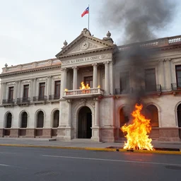 a realistic imagen of gabriel boric president of chile burning la moneda palace