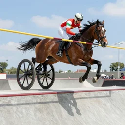 roman horse chariot racer high jump in a skate park half-pipe, video game cover
