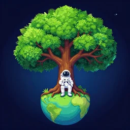 a beautiful 8 bit painting of a tree of life, astronaut sitting on a lush planet of foliage, the destroyed wreckage of a crashed spaceship, steam, thick colorful smoke, ross tran, ron walotsky, greg rutkowski, trending on artstation