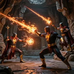 Magical sorcerers shooting magic fireballs and energy beams from staffs on Black Adam, who fighting back with his bolts of electricity, dark ancient cave full of glowing sparks floating randomly around and lighting, fluid particles rising from ground, great digital art with details, by Lee Madgwick and Martin Johnson Heade, Trending on Artstation