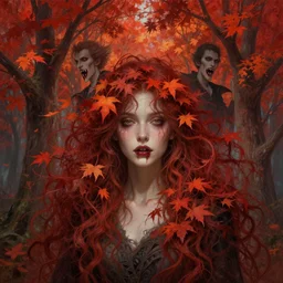 girl with with hair becoming autumn red leaves trees, vampires with bloody fangsintricate, dreamy, digital painting, artstation, concept arti, unreal engine 5, 8 k, art by artgerm and greg rutkowski and alphonse mucha