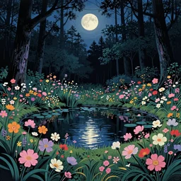 a pond in the forest, moonlight, flower garden midnight, very coherent and colorful high contrast art, floralpunk screen printing woodblock, dark shadows, pastel color, hard lighting