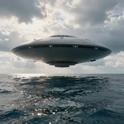 a huge ufo over the transparent ocean. the sky is very cloudy with some sun light rays passing through, sharp focus, cinematic lighting, highly detailed, artstation, divine, by gauthier leblanc, kazuya takahashi, huifeng huang
