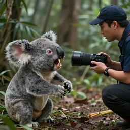 movie frame still from live action koala vampire with long and sharp fangs attacking the postman, 8 k, ultra wide angle, zenith view, greg rutkowski, kim jung gi, ilm, oscar winning photography, grain, dramatic lighting, sharp focus, ultra lens
