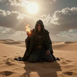 a lonely necromancer kneeling on the sand of a mercyless desert, flickering air, hot sun from above, clouds in the sky, the feeling of dread and existential terror, octane render, unreal engine, 8 k high definition