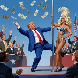 donald trump twerking at a presidential ralley with a stripper bot pole and people letting money rain on him, political cartoon style