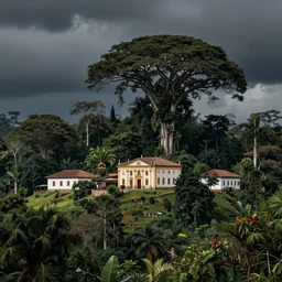a small italian village on a hill, in the midst of the amazon forest. palladian architecture, huge tropical trees, dark, atmospheric, stormy weather, gustave dore 1 8 6 5