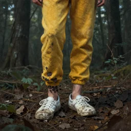 Big wall poster artwork of forest by Michael Whelan, Rendering of a dead woman wearing yellow velor sweat suit and dirty heavily worn white keds slip on tennis shoe with toes pointing up covered by dark colored leaves and twigs from the calf and up, Matte painting, trending on artstation and unreal engine