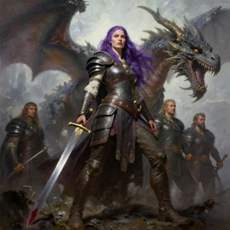 An oil painting of a beautiful purple-haired viking woman posing with a bloodied sword, very aesthetic, detailed face, by Frank Frazetta, Greg Rutkowski, Boris Vallejo, Neal Hanson, Christian MacNevin, epic fantasy character art, goddess of war, detailed viking armor, high fantasy, full length, exquisite detail, post-processing, low angle, masterpiece, cinematic, colossal dragon in background