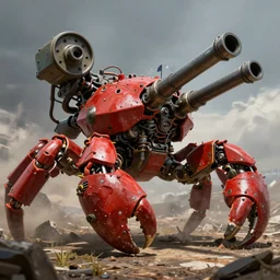 giant red mechanical crab with cannon on its back, detailed, military robot, by greg rutkowski and jakub rozalski