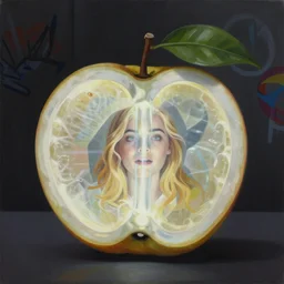 Elle Fanning inside a glowing translucent piece of fruit with light beaming through picture by Sachin Teng, asymmetrical, dark vibes, Realistic Painting , Organic painting, Matte Painting, geometric shapes, hard edges, graffiti, street art:2 by Sachin Teng:4