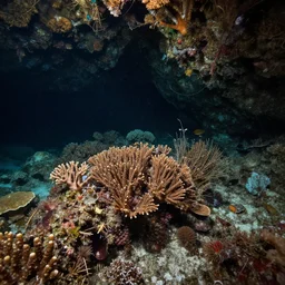 inside a cave with a coral reef, photo