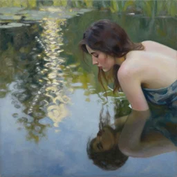 a woman looking at her reflection in a shimmering pond. painting by artgerm and greg rutkowski