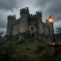 matte painting, castle, dramatic landscape, overgrown, cinematic, overcast, lantern light