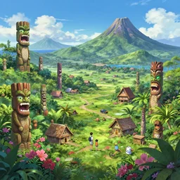 a beautiful illustration of a breathtaking south pacific island with many house - sized tikis, tropical flowers, and volcanos, by beeple, makoto shinkai, thomas kinkade, unreal engine, cryengine, artstation, wide angle landscape, vivid, 8 k