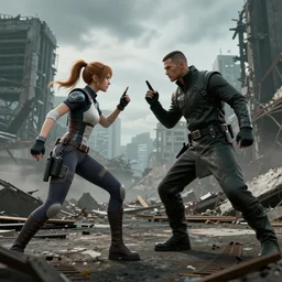 Aloy and Solid Snake in an epic stand-off, dramatic wide-angle shot, city ruins in the background, tense, high quality, ray tracing, unreal engine, octane render, 4k