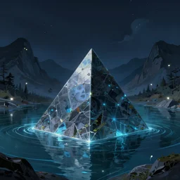 portrait of a piramide in a magical lake, half submerged in water, highly detailed, digital painting, artstation, night scene with moutains with glowing sprites, wlop concept art, smooth, sharp focus, illustration, art by dreadjim, craig mullins and greg rutkowski, 8 k