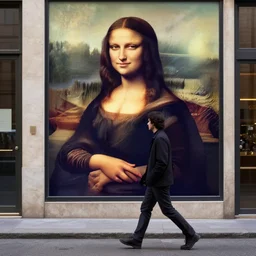 photo of person walking down the street, with mona lisas face