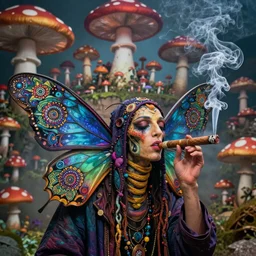 8K centered headshot Portrait of a psychedelic godlike mothman posing with a cigar with giant mandala wings smoking a hand-rolled cigarette smoking heavily , magic mushroom village in background , post-processing , award winning. superb resolution. in the art style of Satoshi Kon and Greg Rutkowski . Detailed Mushroom city in background. Hyper realistic anime. Perfect art. Dalle2