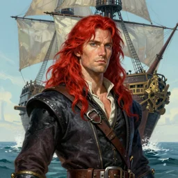 an epic fantasy comic book style portrait painting of a long haired, red headed male sky - pirate in front of an airship in the style of the farseer series
