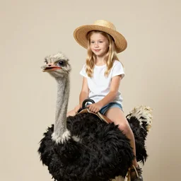 young girl, blond hair with straw hat, riding an ostrich, studio photography