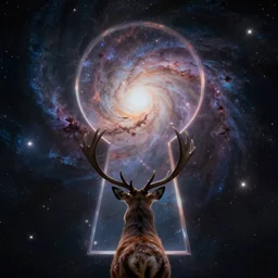 an extreme long shot of a deer peering into a giant portal into the universe and galaxies in the shape of a keyhole to the nebulae and galaxies, beautiful matte painting by weta workshop 4 k, cinematic dramatic atmosphere, dramatic lighting, trending on artstation