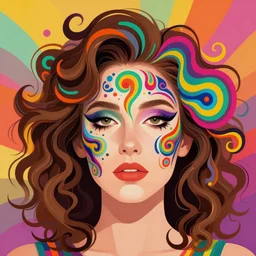 a colorful vibrant closeup portrait of a simple caucasian woman with face paint makeup festival intricate and curly mid length brown hair with a calm aesthetic face and dreaming psychedelic hair, by kawase hasui, moebius, edward hopper and james gilleard, zdzislaw beksinski, steven outram colorful flat surreal design, hd, 8 k, artstation