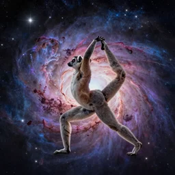 a lemur doing an inspiring yoga pose in cosmic space with nebula and stars, detailed and breathtaking digital art, award winning, kodachrome